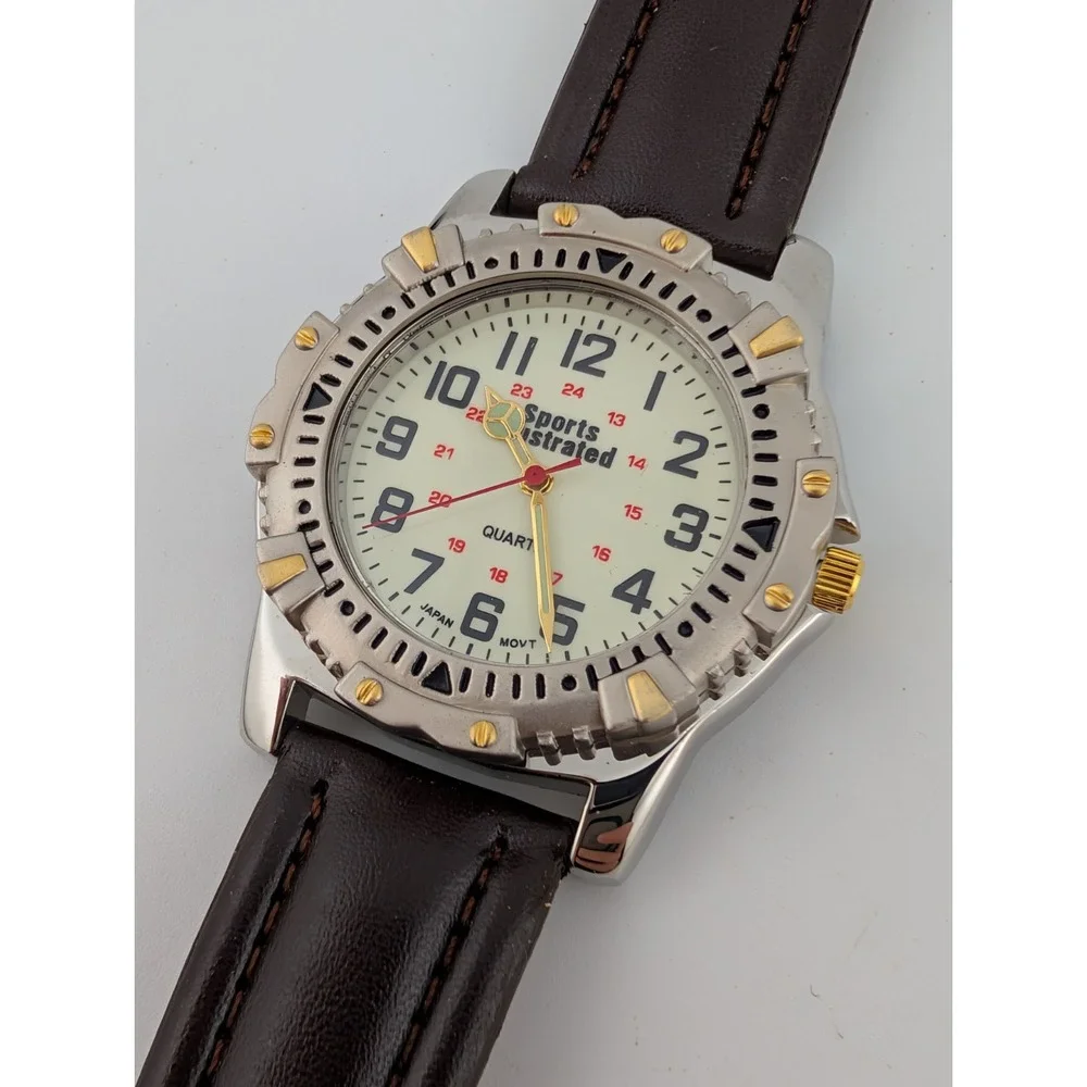 Sports Illustrated Watch Men Rotating Bezel Brown Leather Band- New Battery‎